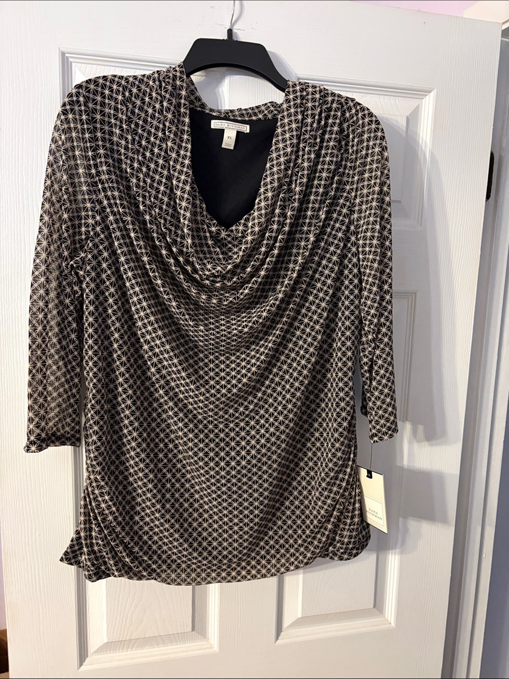 Dana Buchman Black and Cream Geometric Cowl Neck Blouse